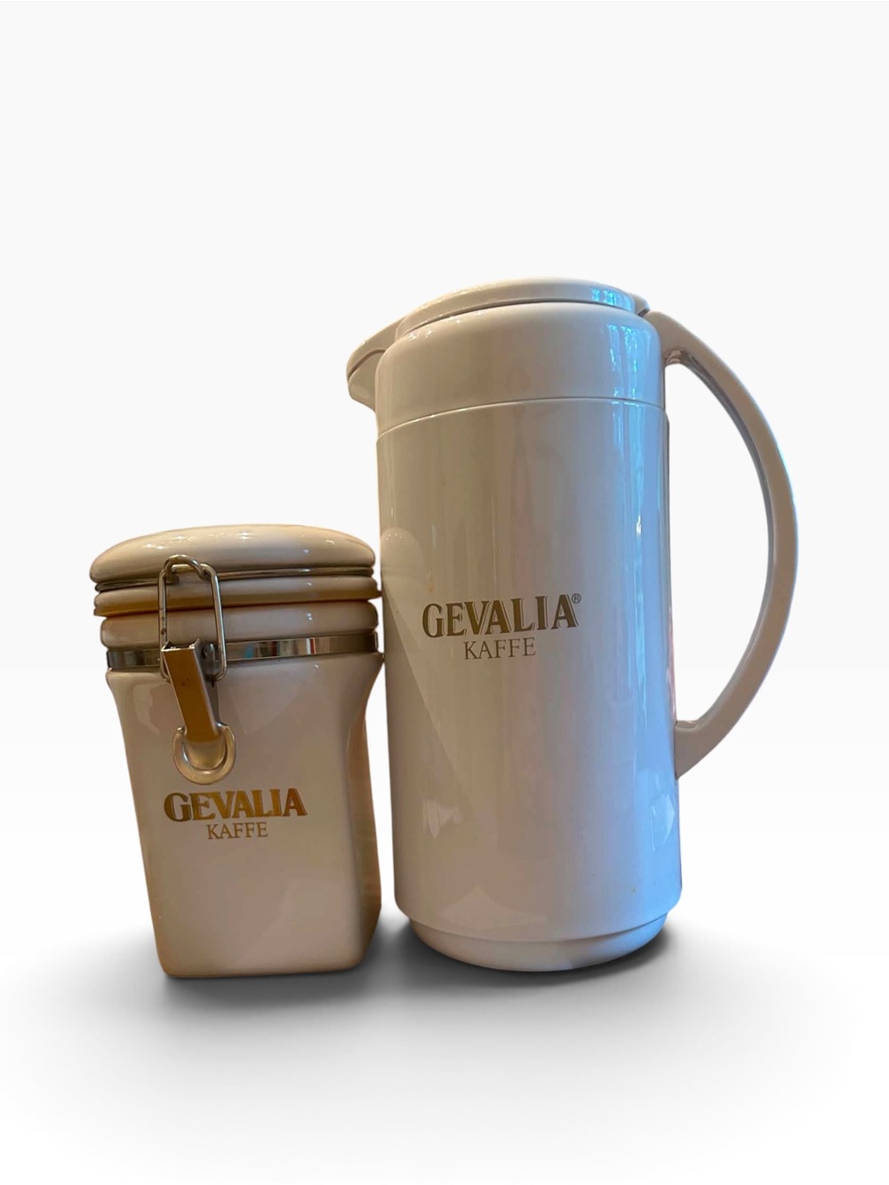 LOT OF 2 Vintage Gevalia Kaffe Coffee Canister and Thermos Style Pitcher White
